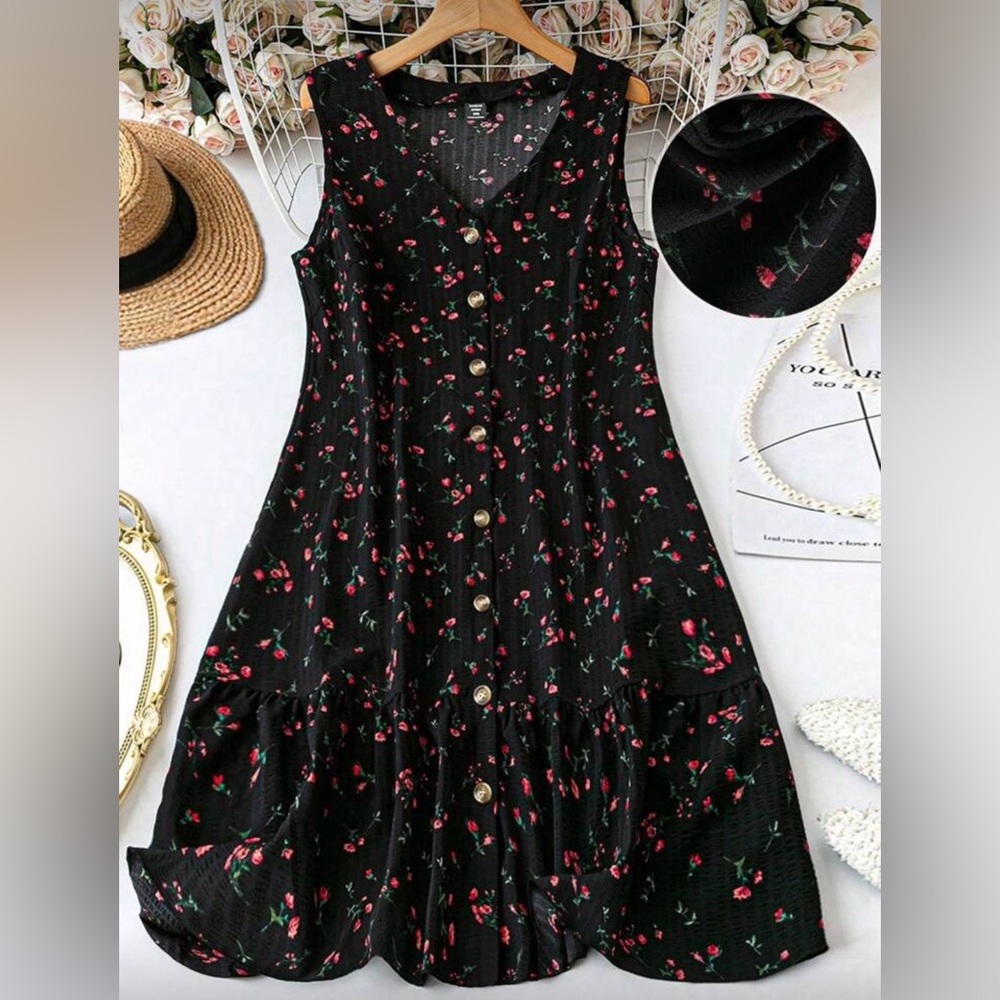 SHEIN Black Sleeveless Midi Dress with Small Red Floral Print